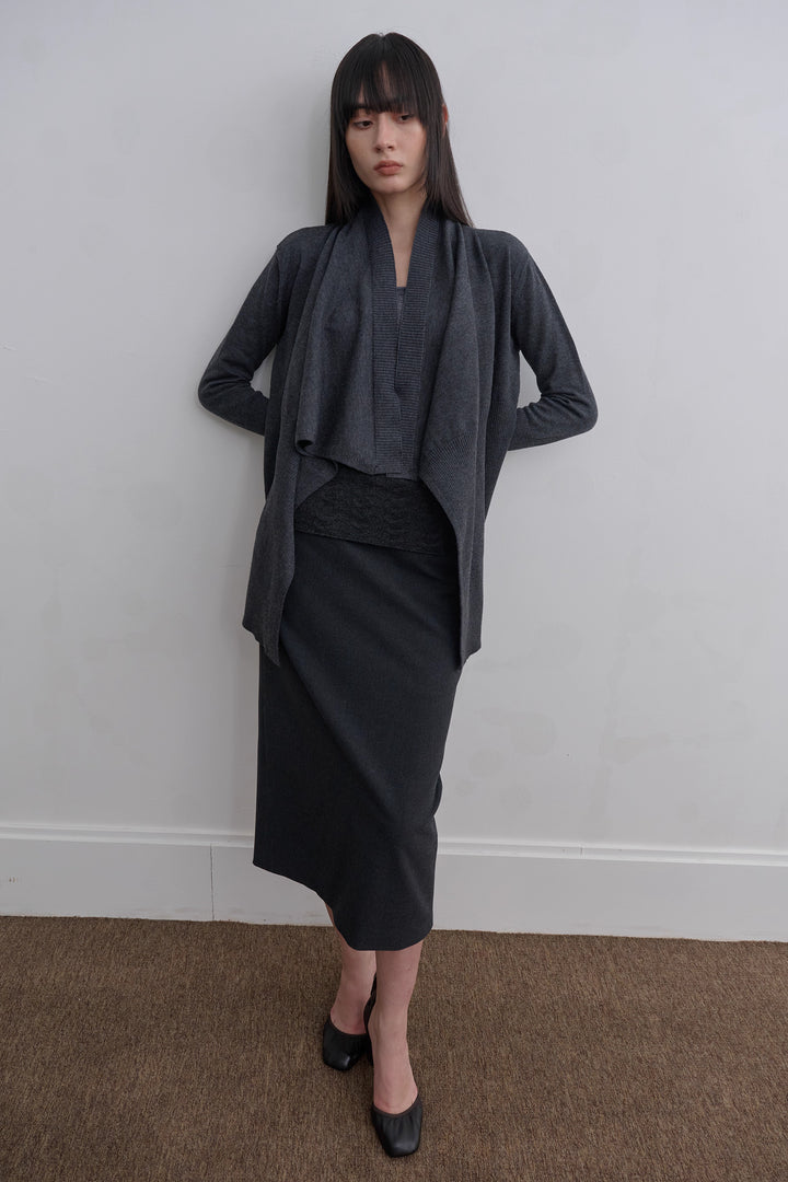 Asymmetric Long Knit Cardigan - Grey