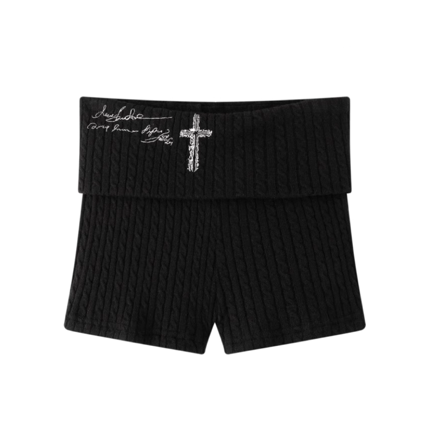 Fold Over Knit Shorts - Black