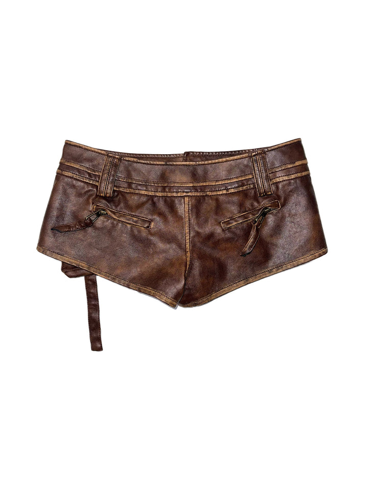 Low Rise Faux Leather Shorts - Brown