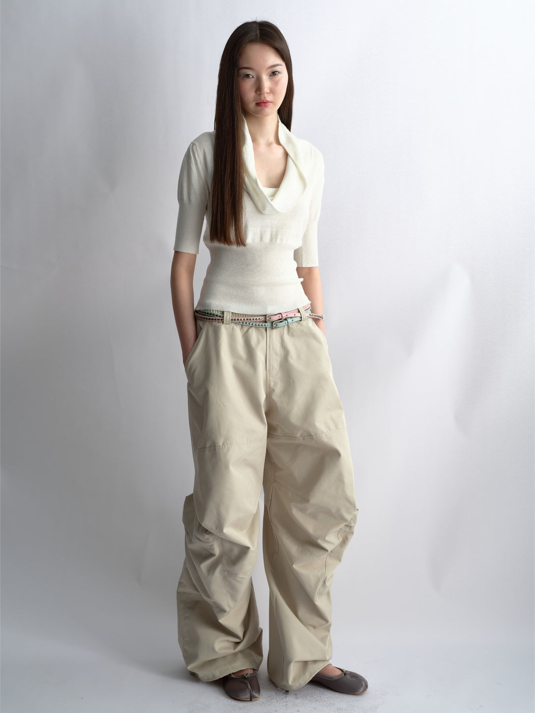 Pleated Cargo Pants - Beige
