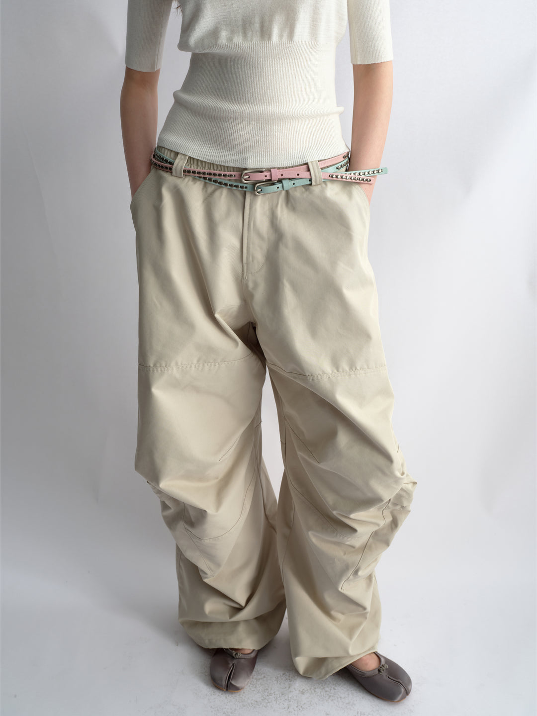 Pleated Cargo Pants - Beige