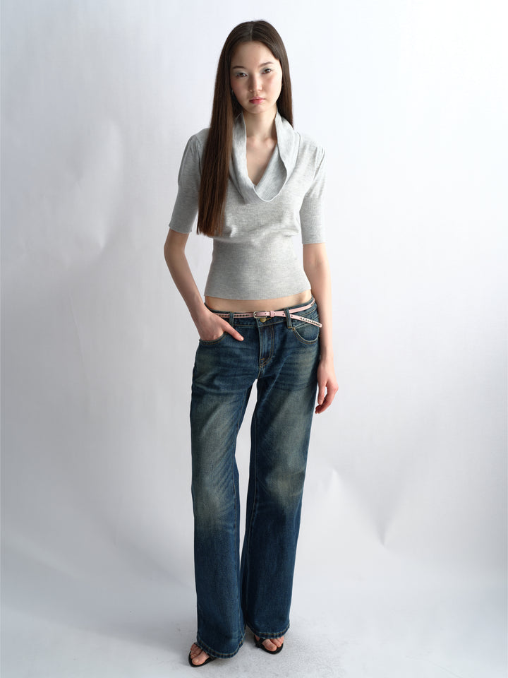 Cowl Neck Knit Top - Grey