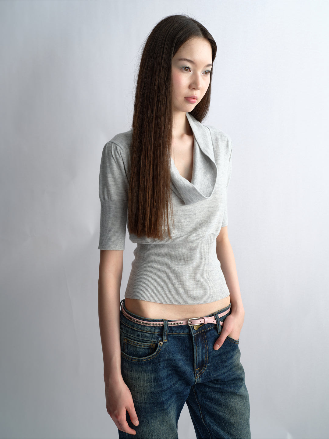Cowl Neck Knit Top - Grey