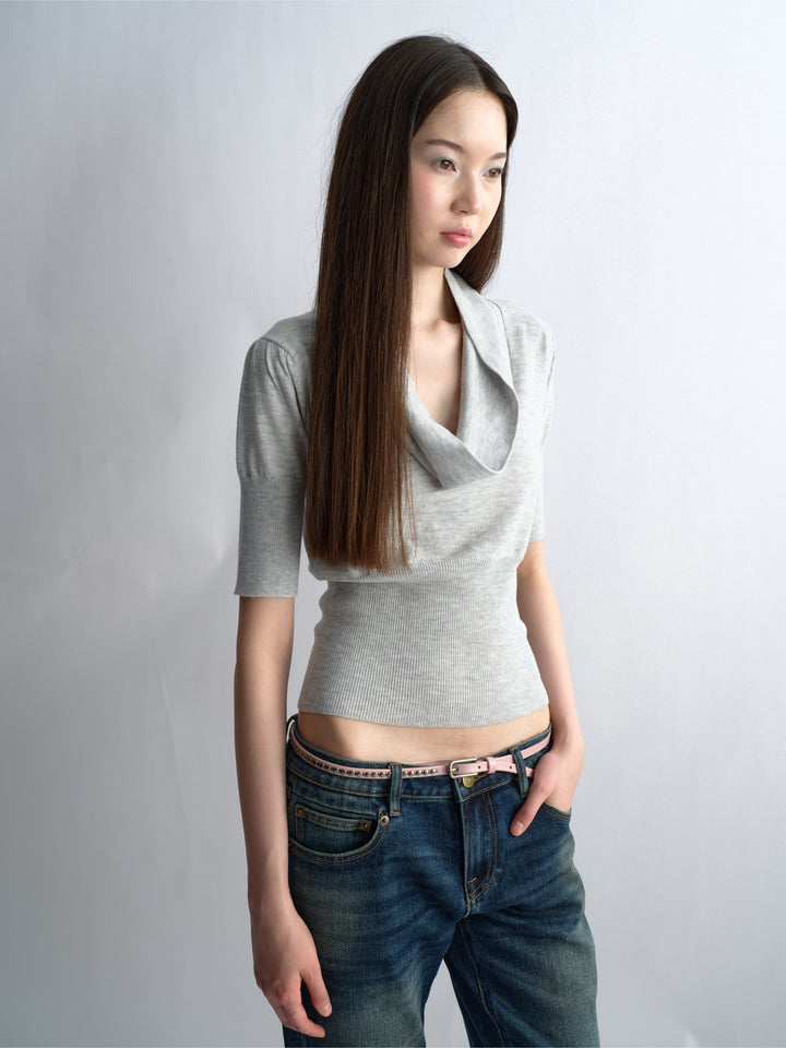 Cowl Neck Knit Top - Grey