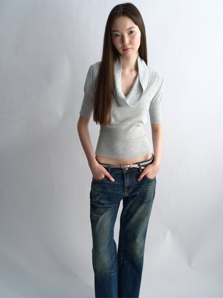 Cowl Neck Knit Top - Grey