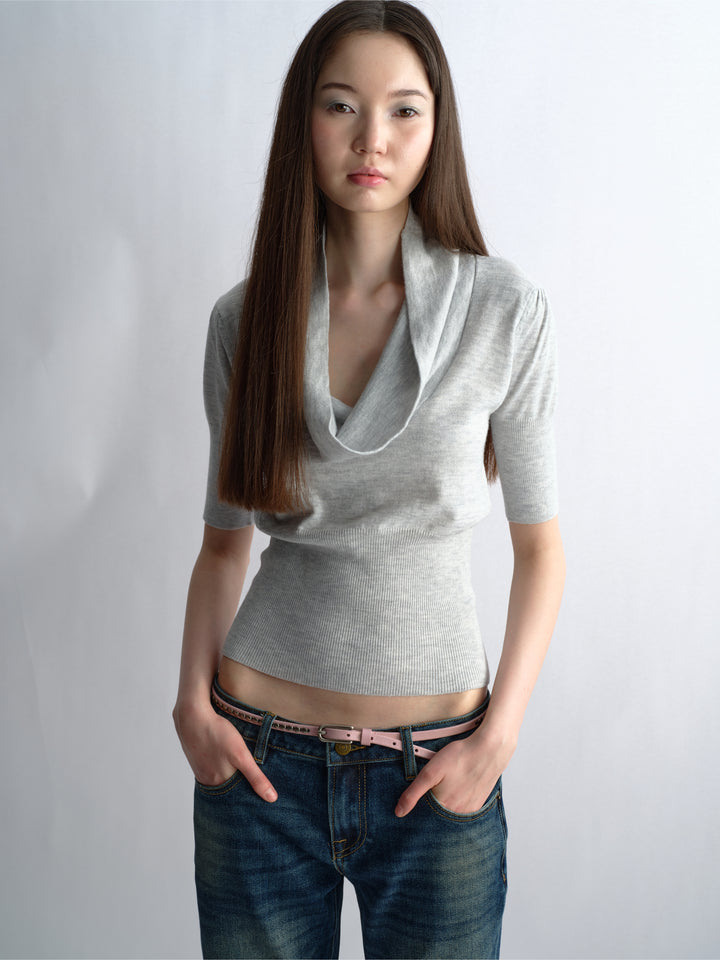 Cowl Neck Knit Top - Grey
