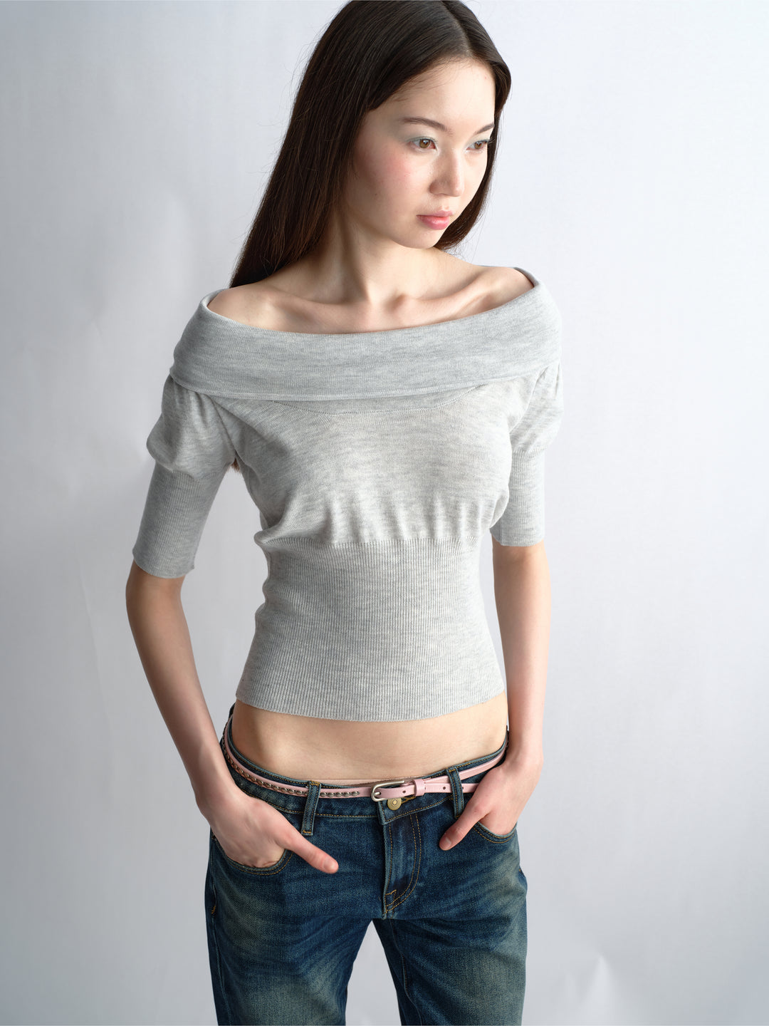 Cowl Neck Knit Top - Grey