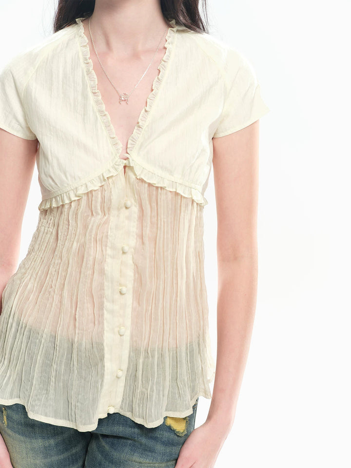 Contrast Pleated Sheer Blouse