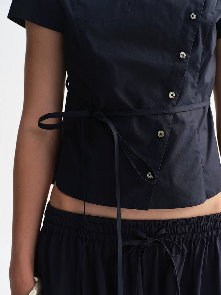 Asymmetric Button Tie Waist Shirt
