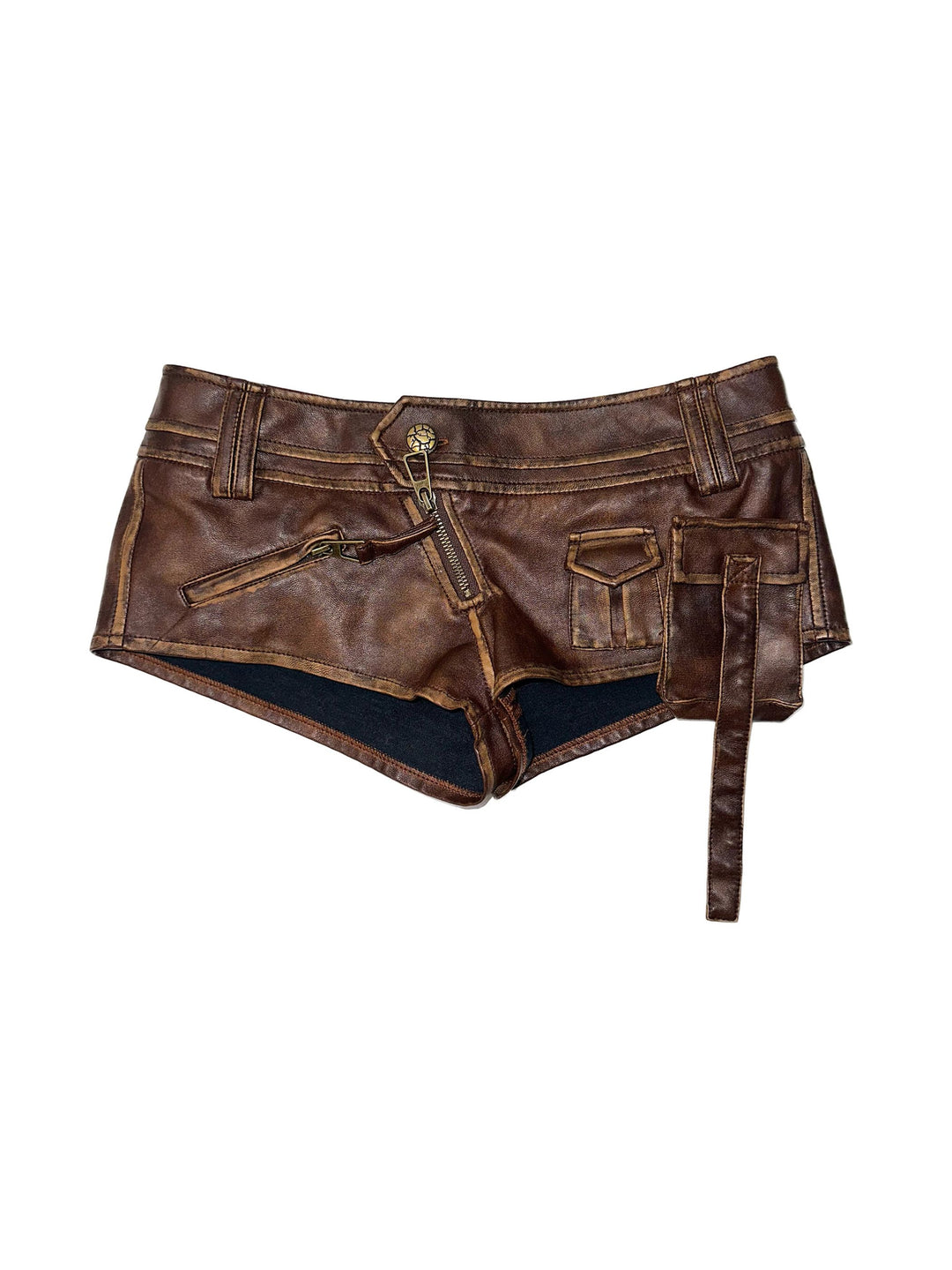 Low Rise Faux Leather Shorts - Brown