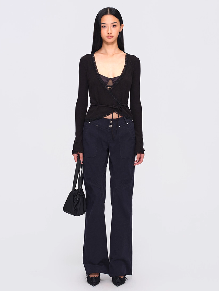 Lace Trim Wrap Cardigan - Black