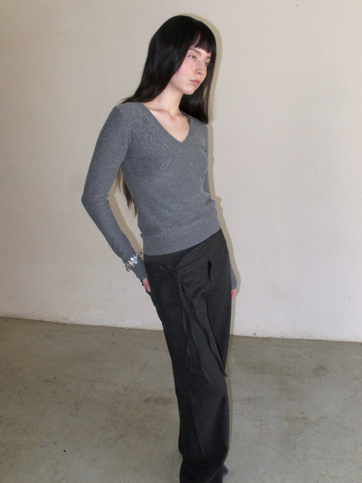 Embroidered Bow Sweater - Grey