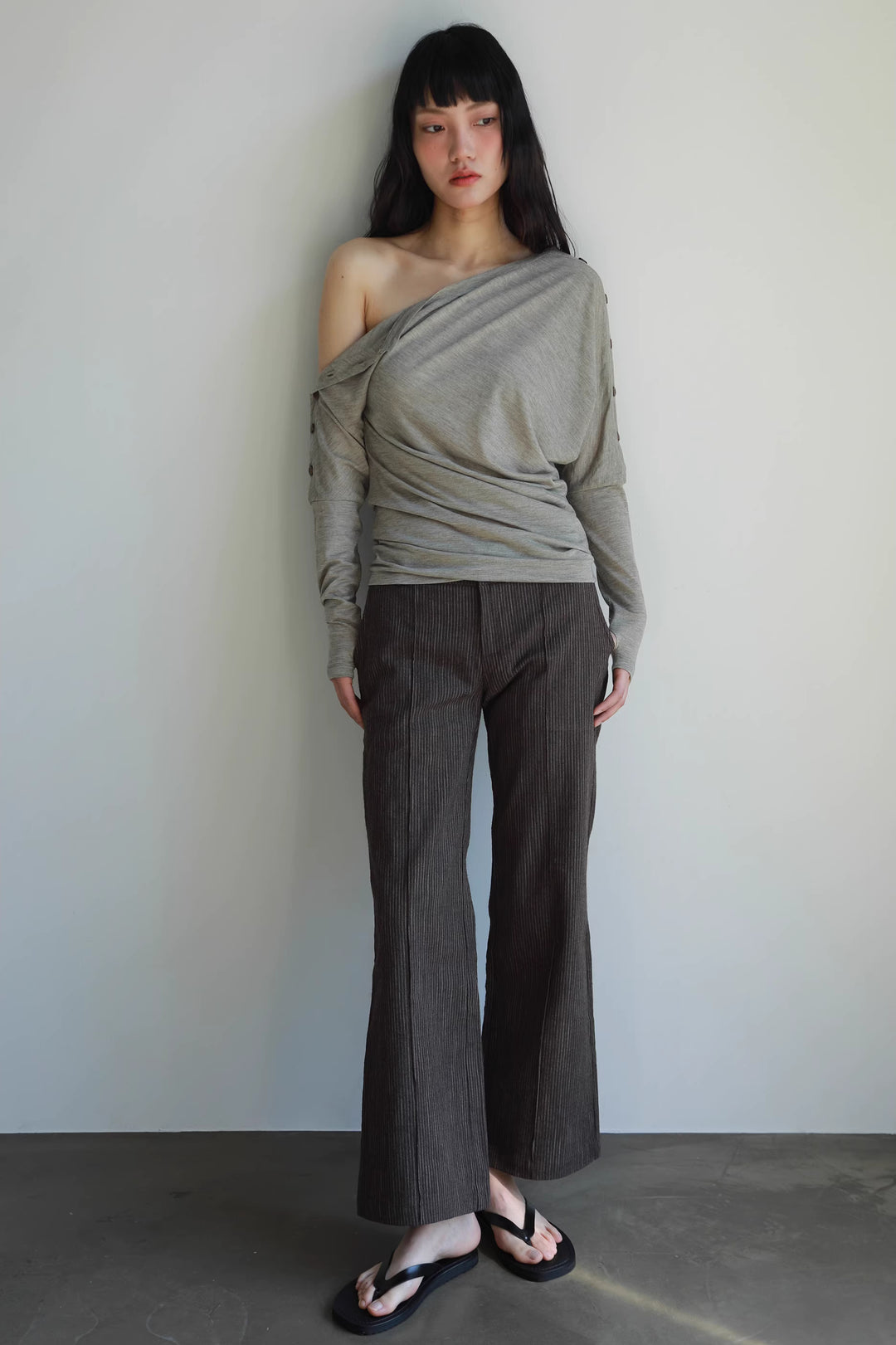 Asymmetric Button Long Sleeve Top - Grey