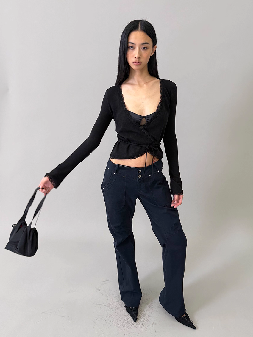 Lace Trim Wrap Cardigan - Black