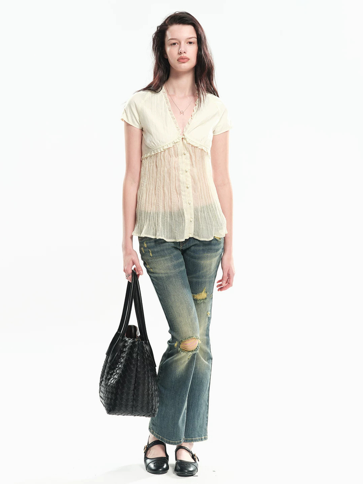 Contrast Pleated Sheer Blouse