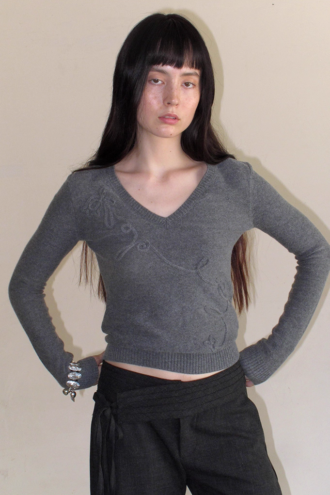 Embroidered Bow Sweater - Grey