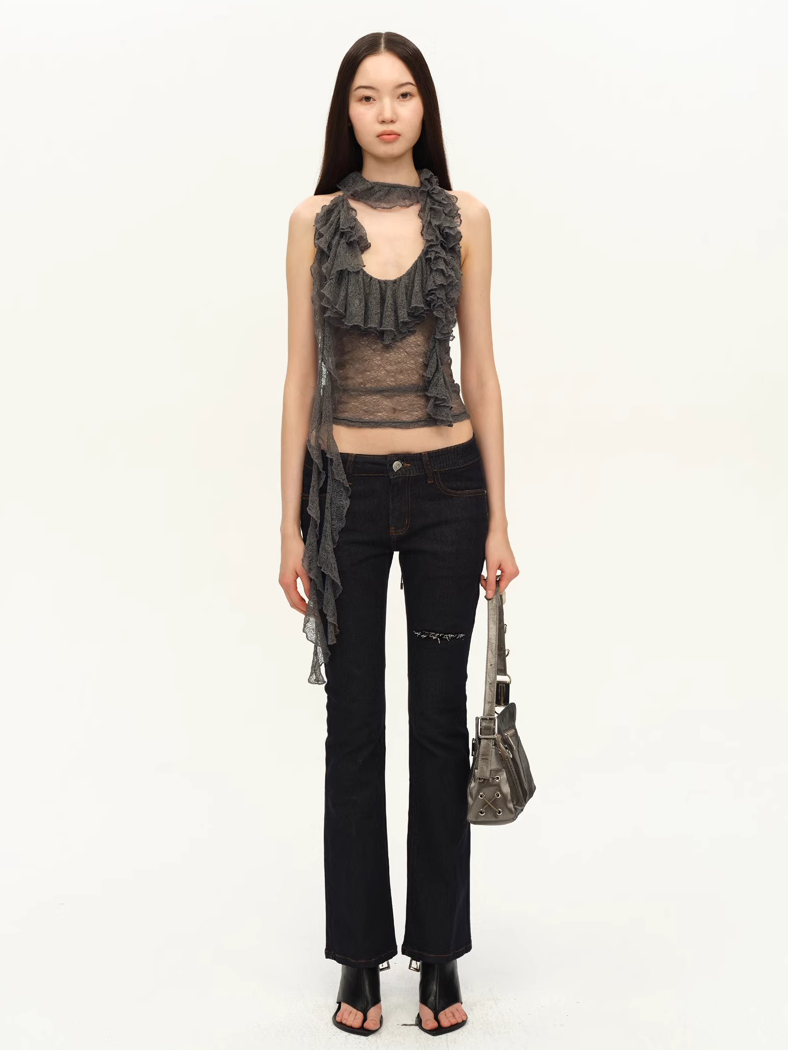 Ruffle Lace Top - Taupe