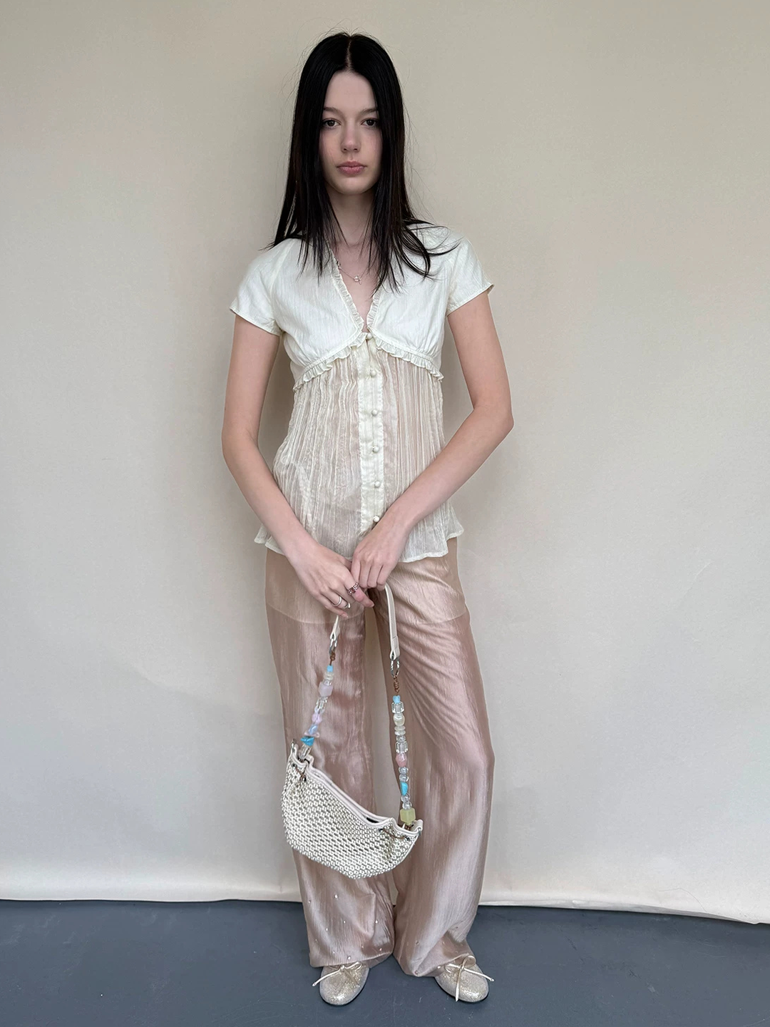 Contrast Pleated Sheer Blouse