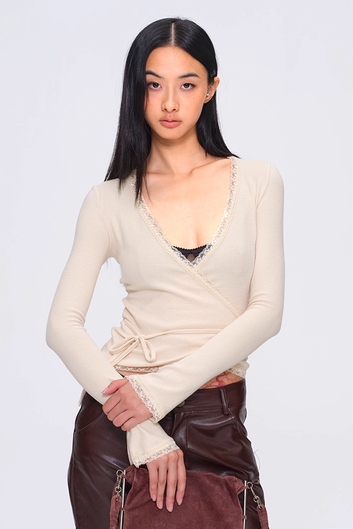 Lace Trim Wrap Cardigan - Cream