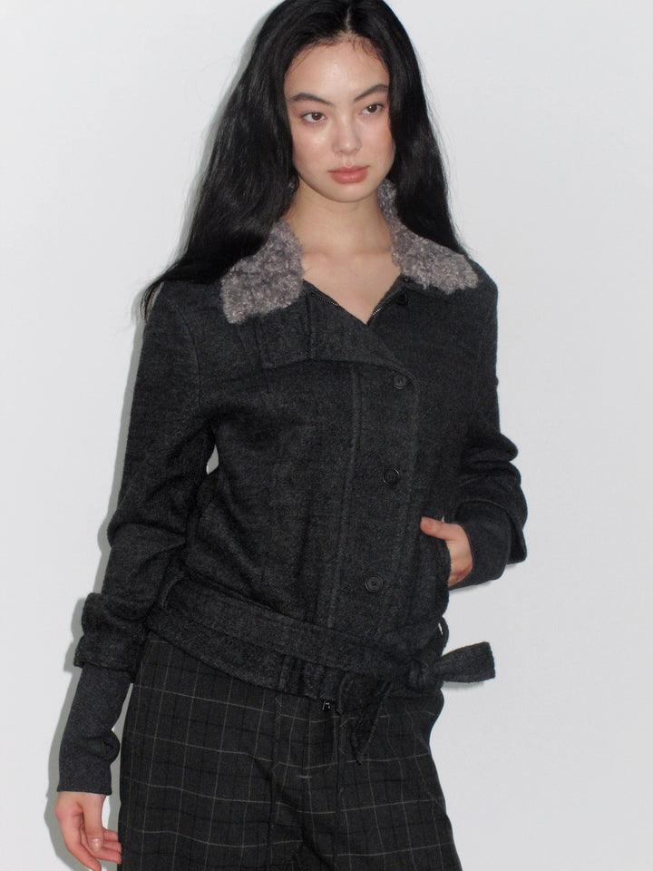 High Neck Belted Short Coat