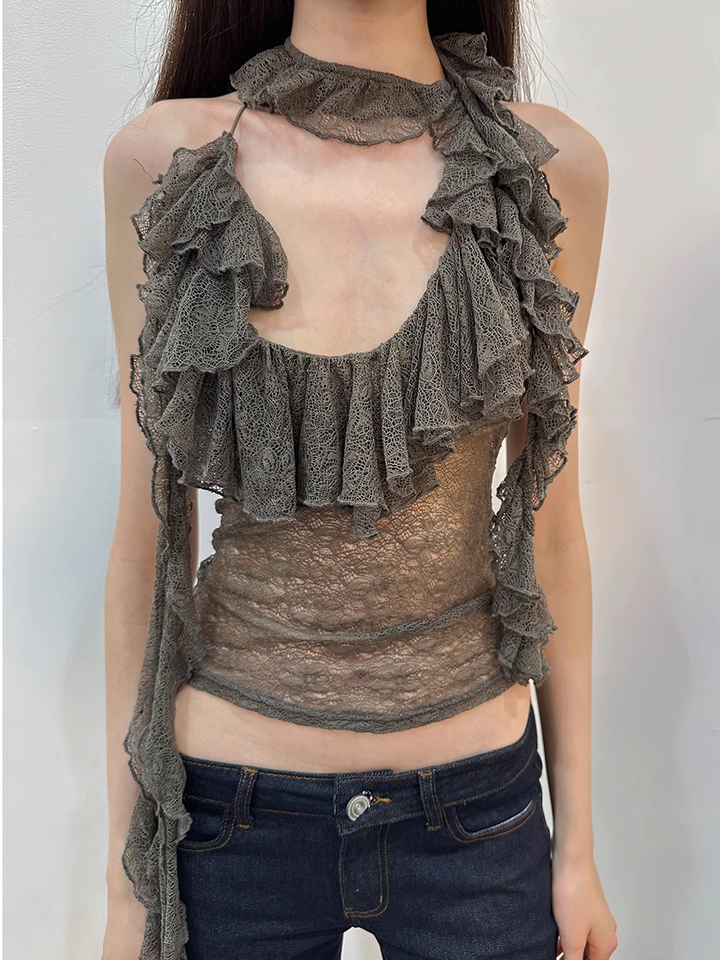 Ruffle Lace Top - Taupe