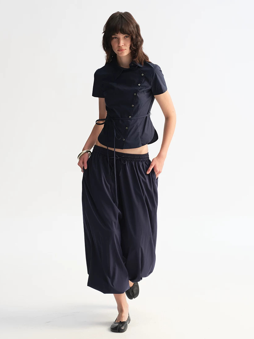 Asymmetric Button Tie Waist Shirt