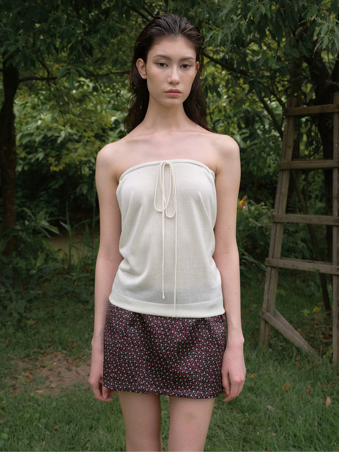 Cardigan and Tube Top Set - Cream