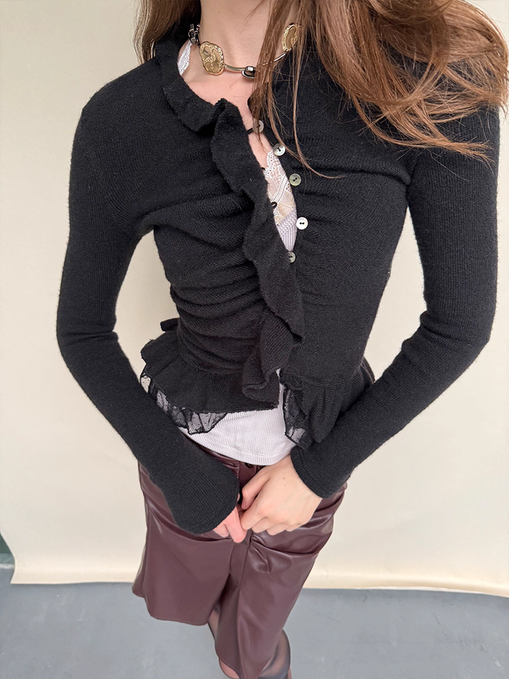 Asymmetric Cropped Ruffle Cardigan