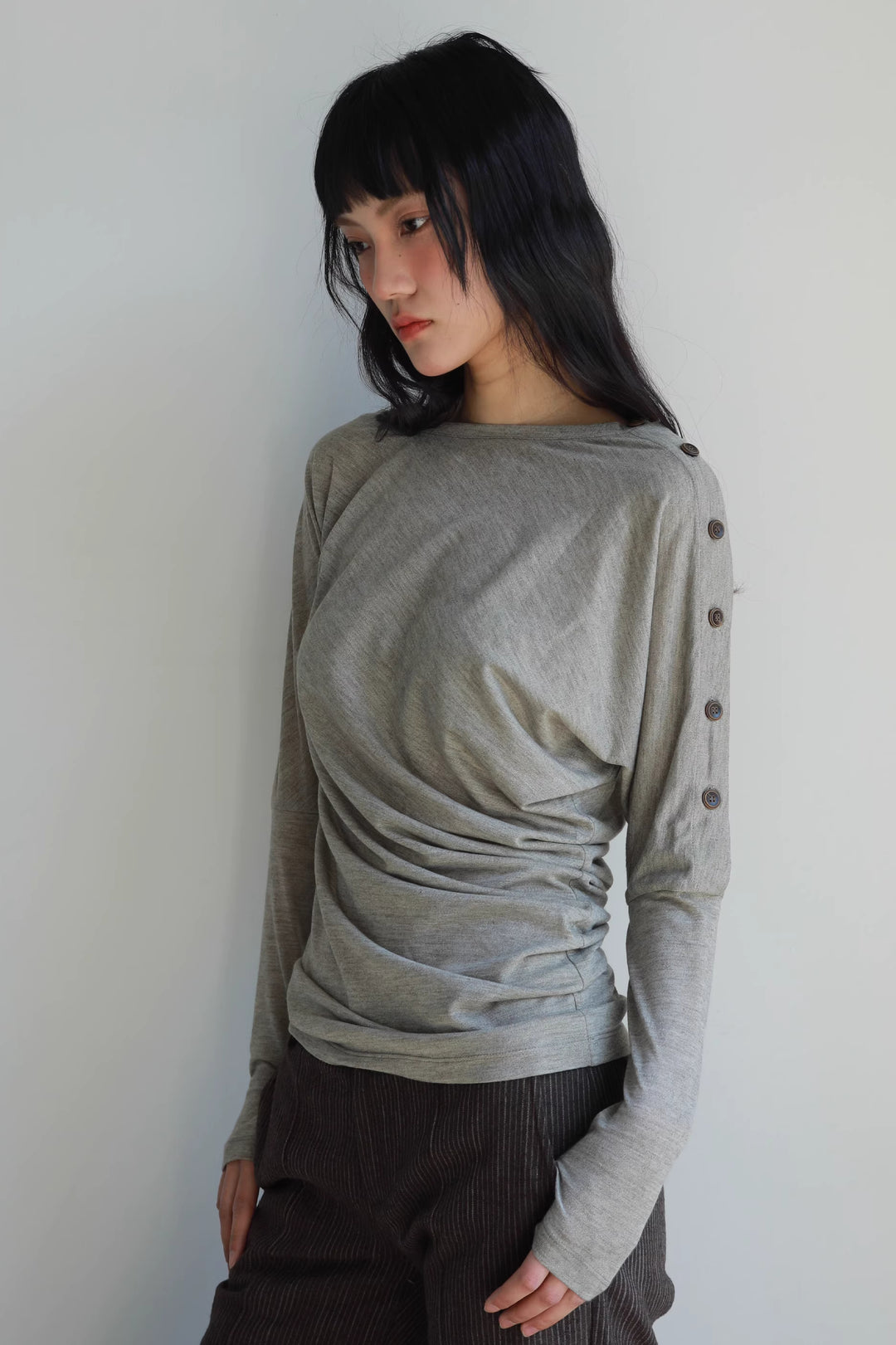 Asymmetric Button Long Sleeve Top - Grey
