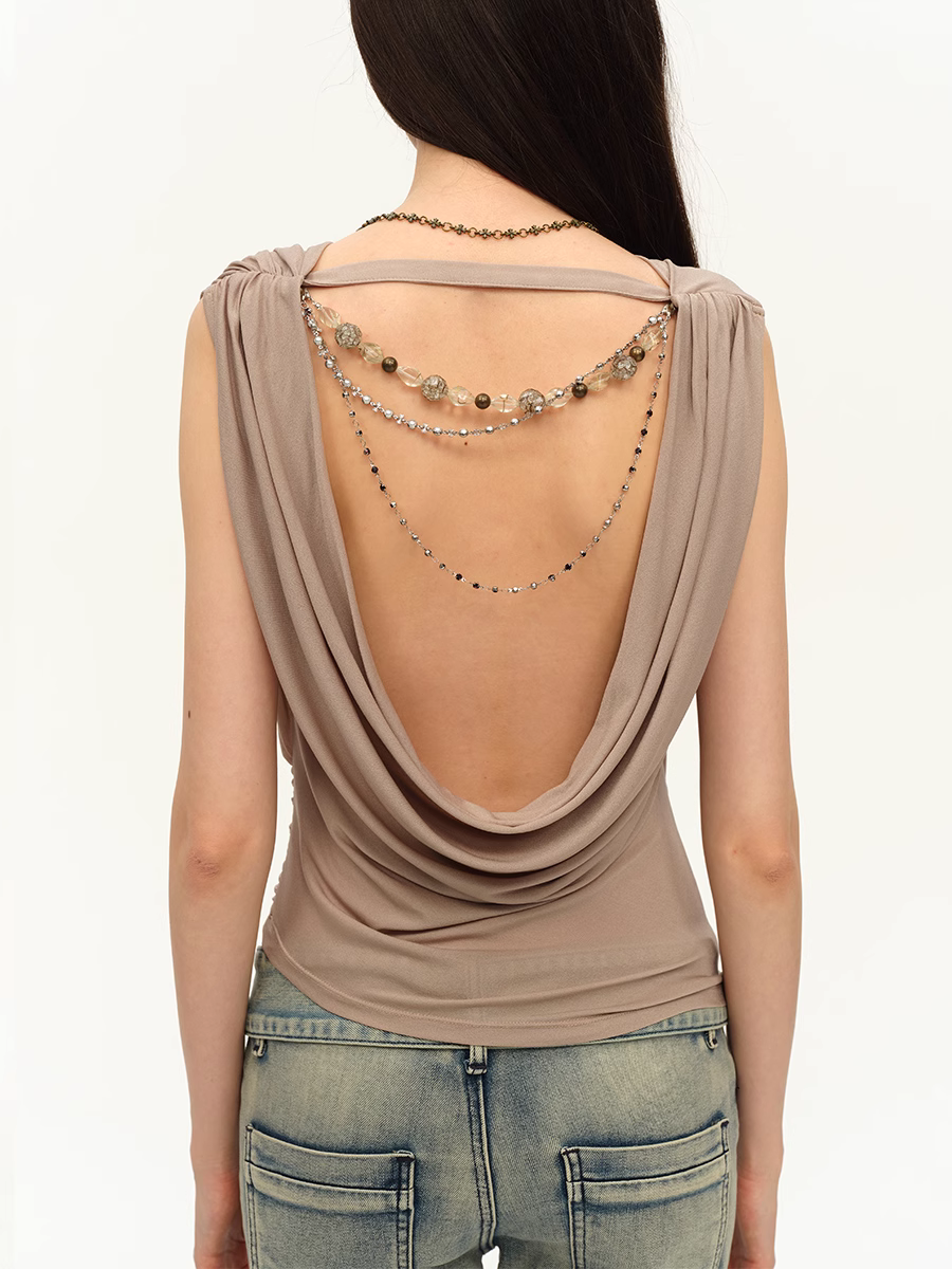 YJM with biubiu - Taro Cream Striped Tie-Up Vest Top