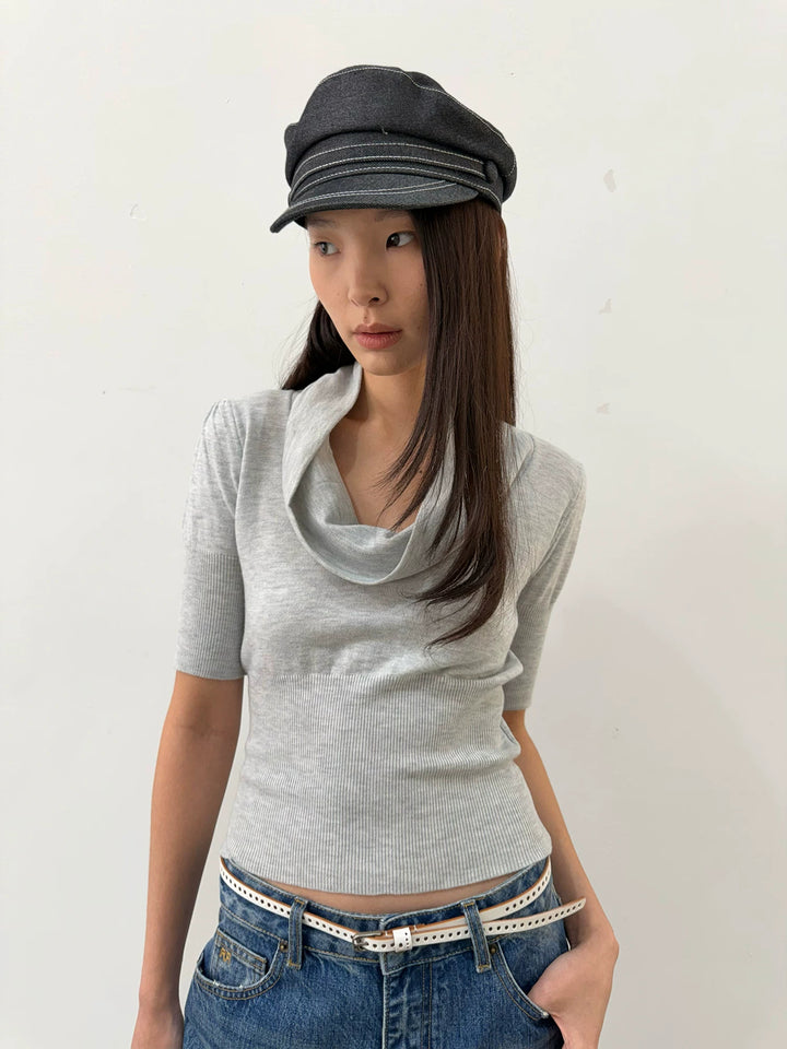 Cowl Neck Knit Top - Grey
