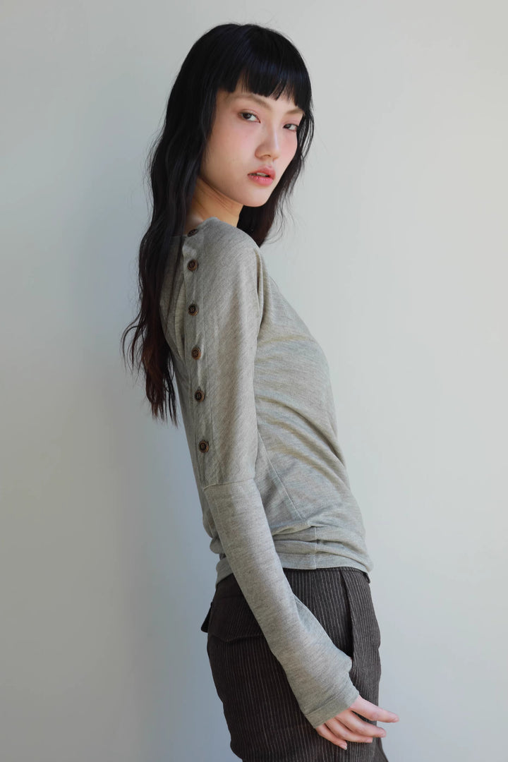 Asymmetric Button Long Sleeve Top - Grey