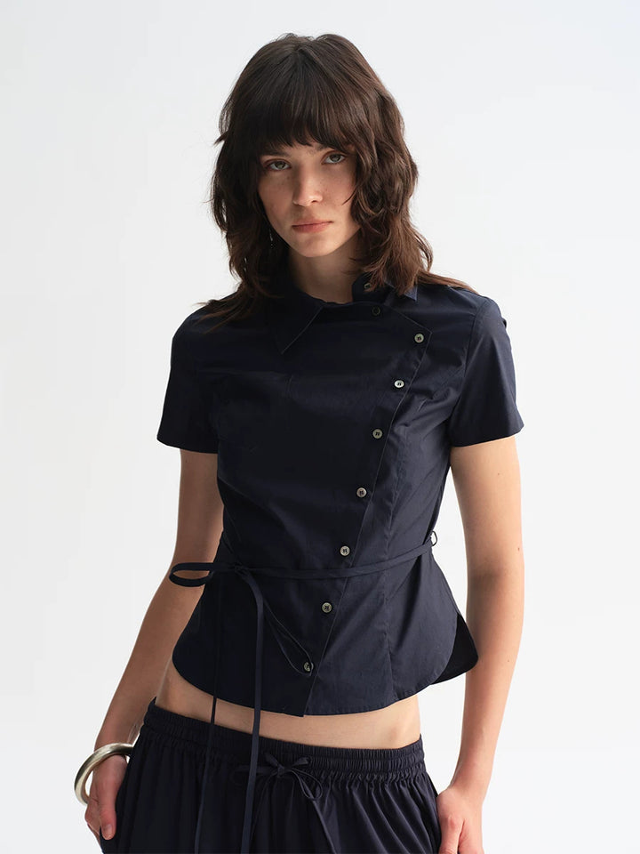 Asymmetric Button Tie Waist Shirt