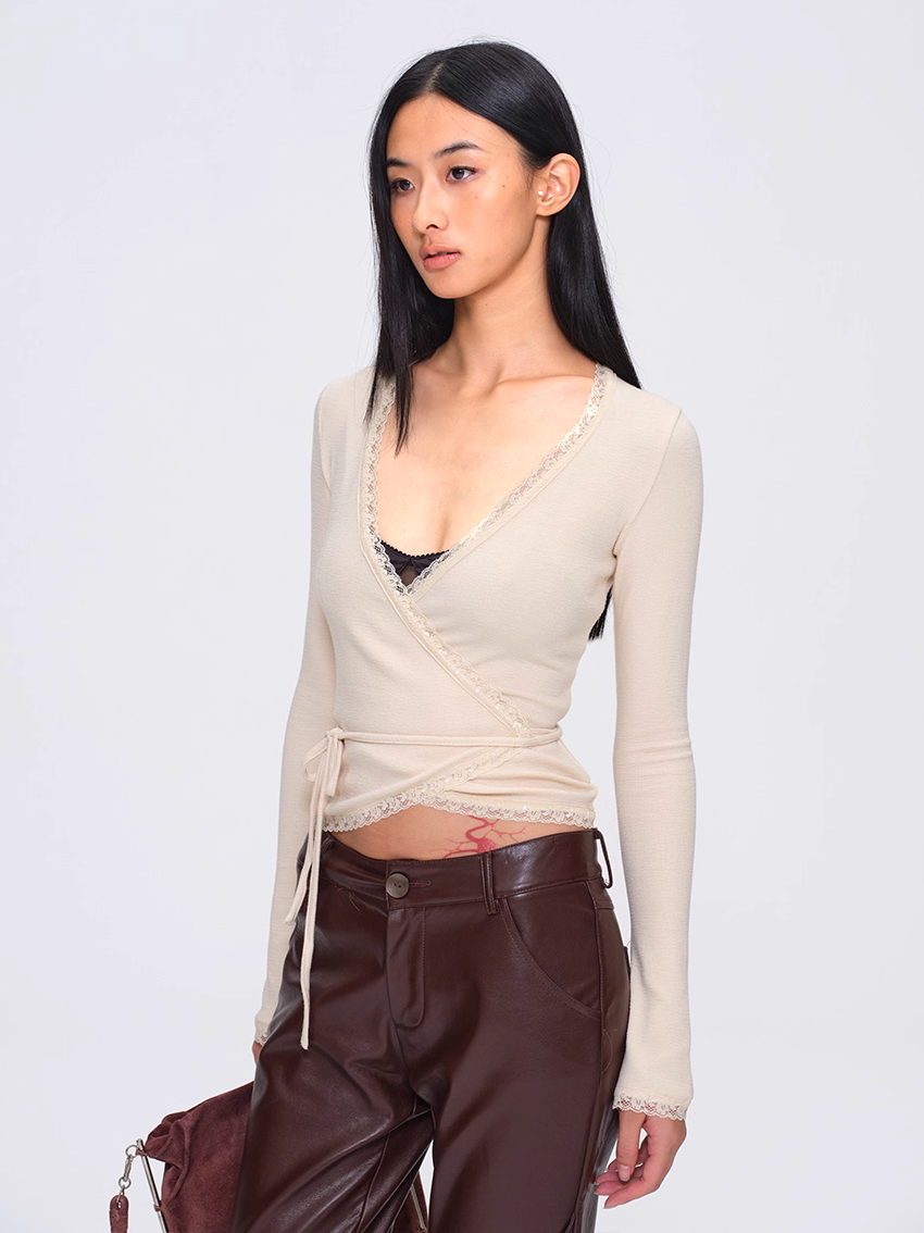 Lace Trim Wrap Cardigan - Cream