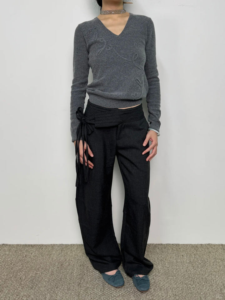Embroidered Bow Sweater - Grey