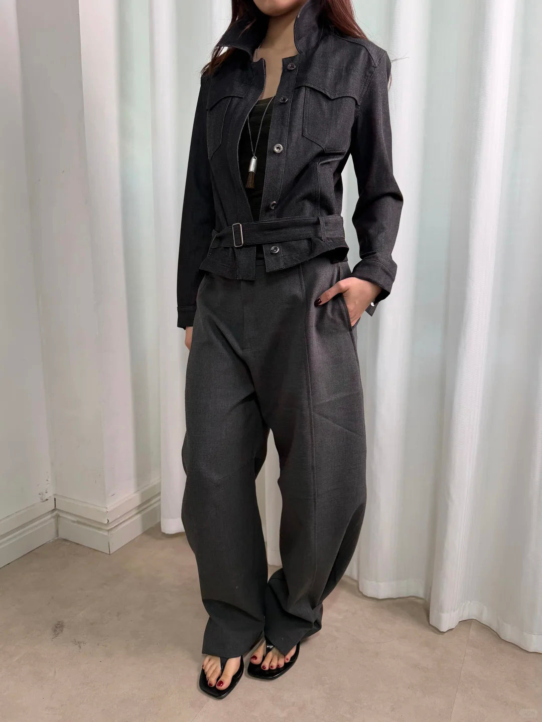 Denim Effect Belted Jacket