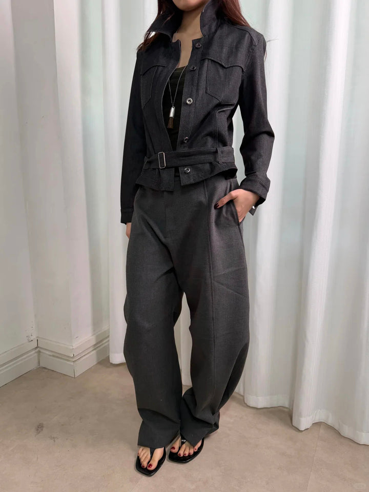Denim Effect Belted Jacket