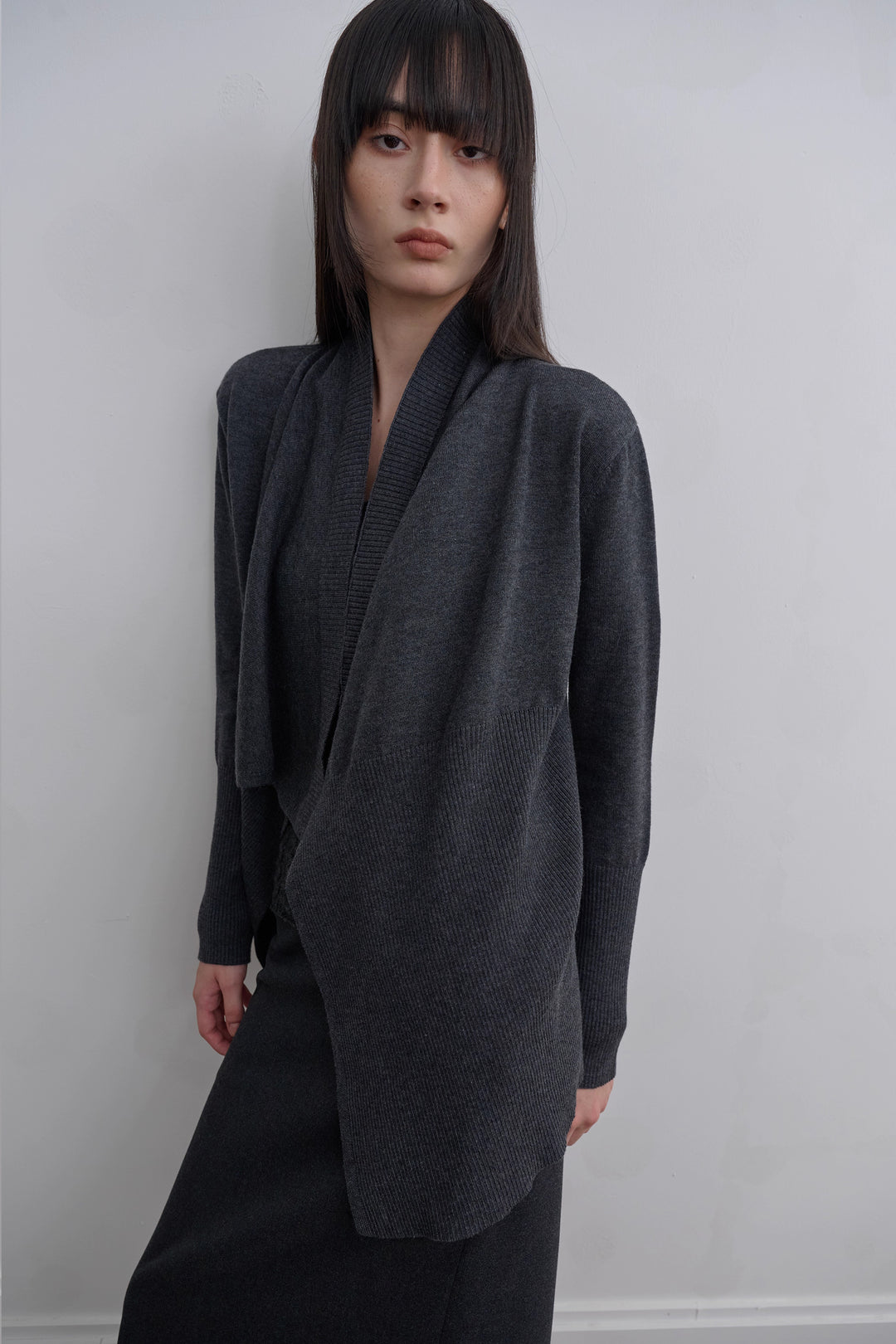 Asymmetric Long Knit Cardigan - Grey