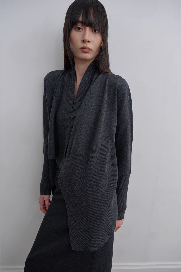 Asymmetric Long Knit Cardigan - Grey