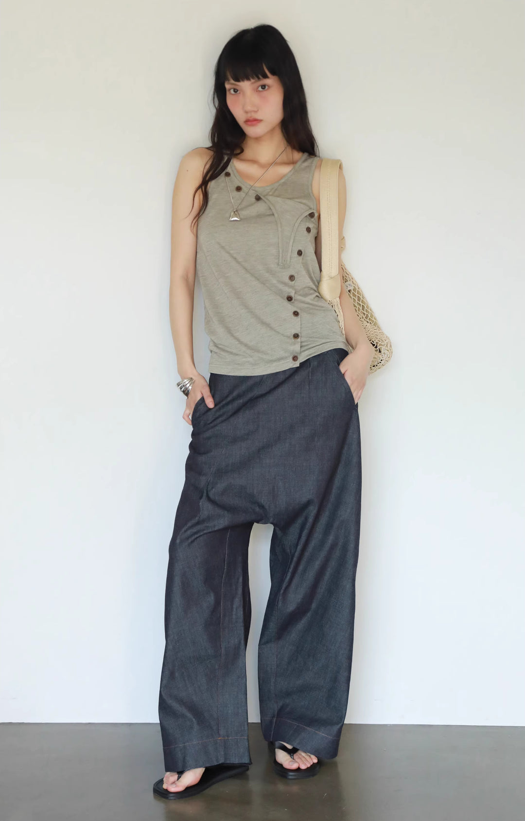 Layered Button Tank Top - Grey
