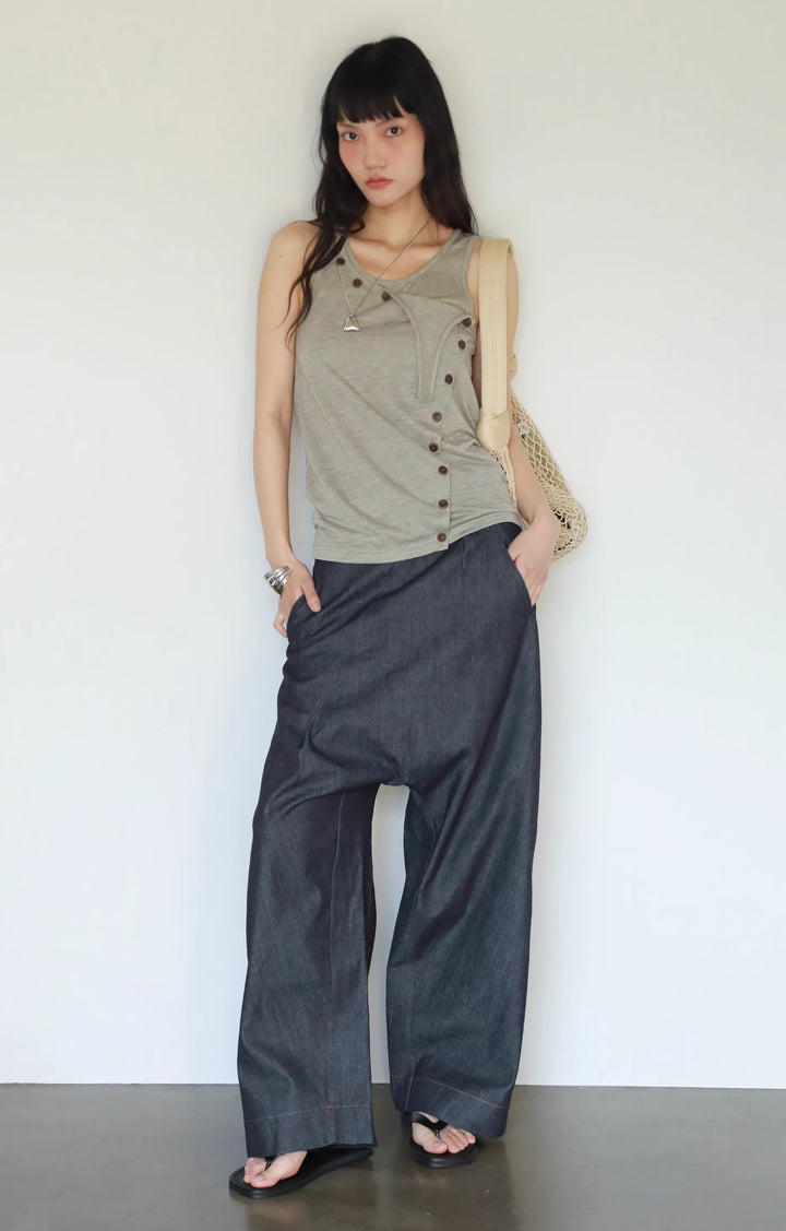 Layered Button Tank Top - Grey