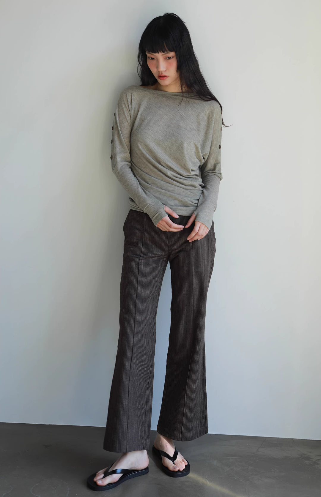 Asymmetric Button Long Sleeve Top - Grey