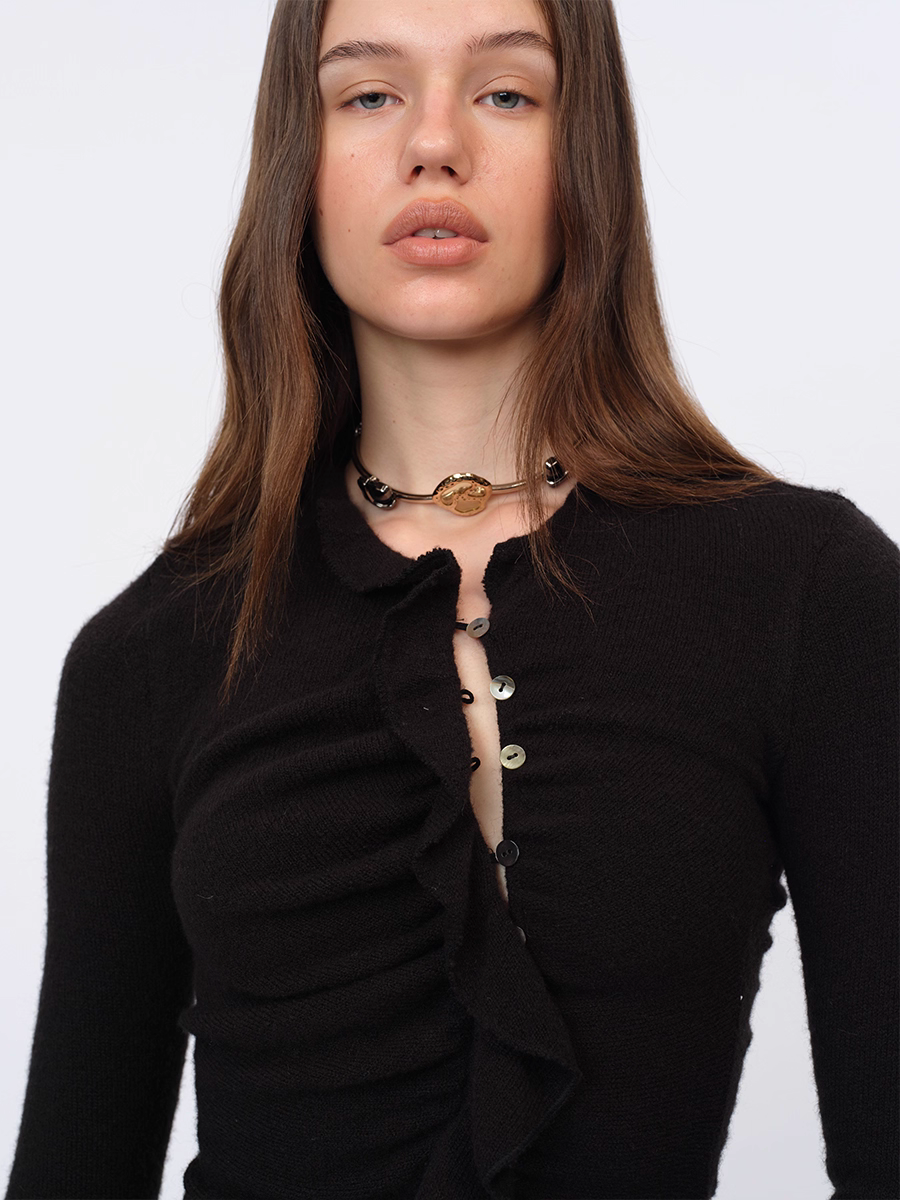 Asymmetric Cropped Ruffle Cardigan