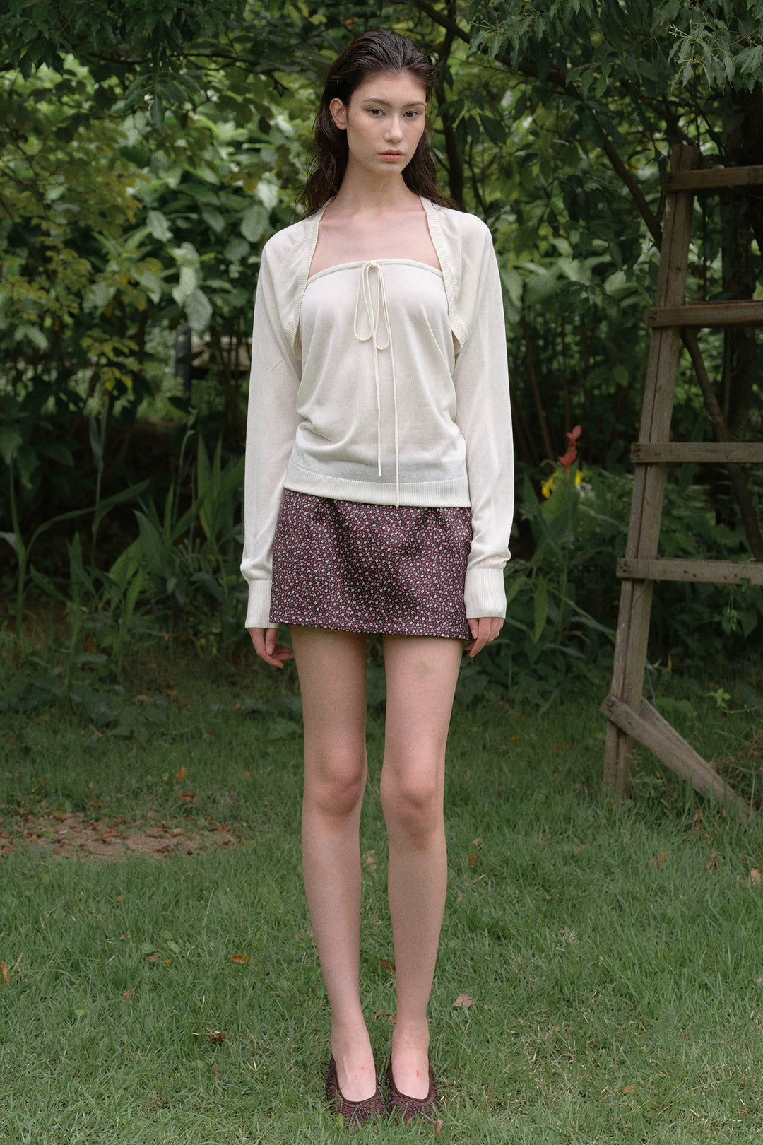 Cardigan and Tube Top Set - Cream