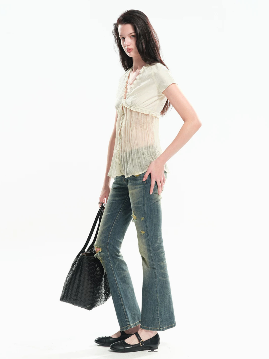 Contrast Pleated Sheer Blouse