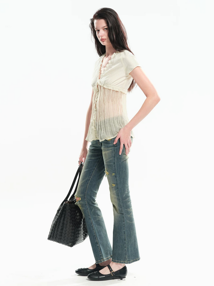 Contrast Pleated Sheer Blouse