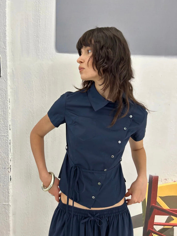 Asymmetric Button Tie Waist Shirt