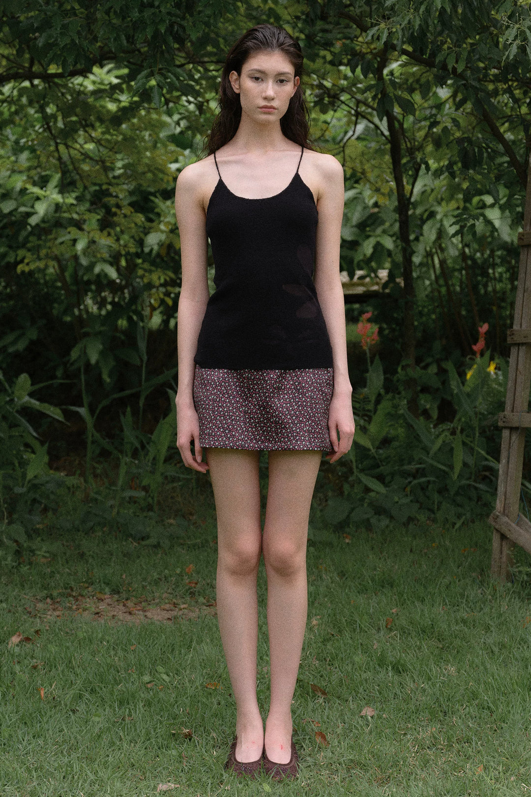 Floral Knit Cami Top - Black