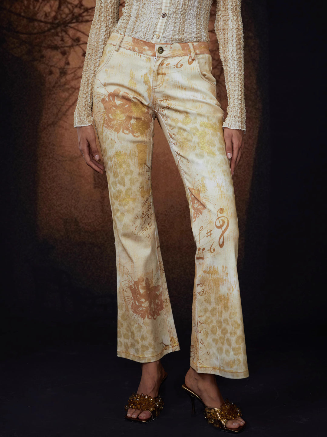 Floral Leopard Print Jeans - Yellow