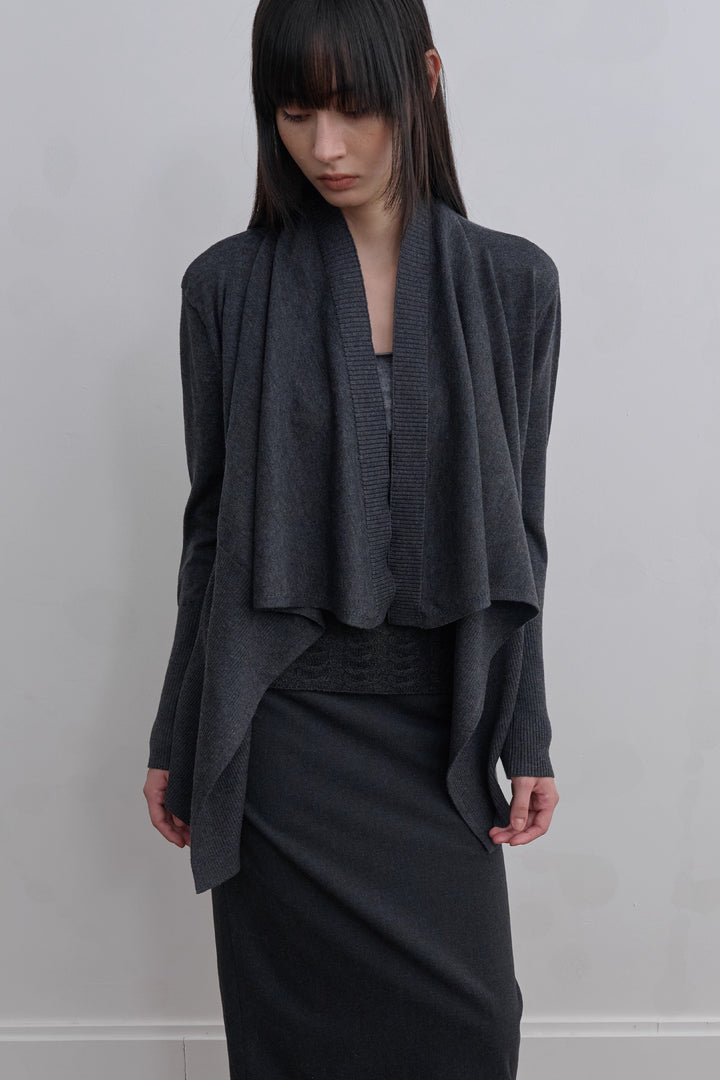 Asymmetric Long Knit Cardigan - Grey